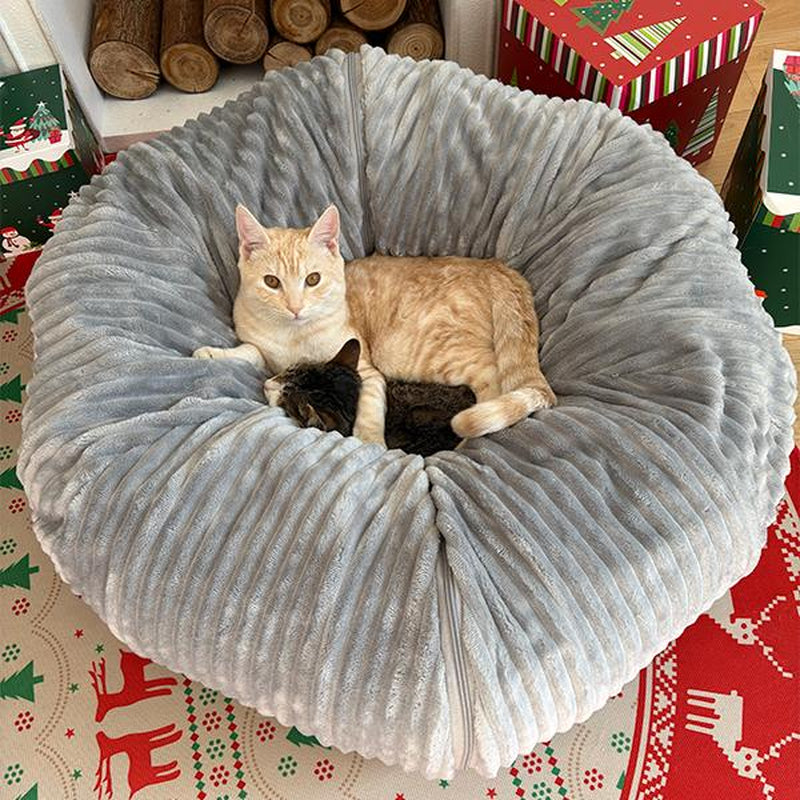Cat Tunnel Bed for Indoor Cats, Peekaboo Cat Cave Bed, Detachable and Foldable Multifunctional Cat Bed Cat Bed Soft Cat Donut Tunnel for Kitten Large Cats, Grey