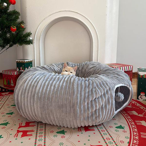 Cat Tunnel Bed for Indoor Cats, Peekaboo Cat Cave Bed, Detachable and Foldable Multifunctional Cat Bed Cat Bed Soft Cat Donut Tunnel for Kitten Large Cats, Grey