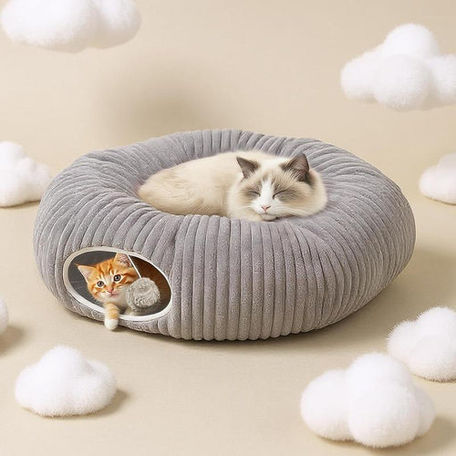 Cat Tunnel Bed for Indoor Cats, Peekaboo Cat Cave Bed, Detachable and Foldable Multifunctional Cat Bed Cat Bed Soft Cat Donut Tunnel for Kitten Large Cats, Grey